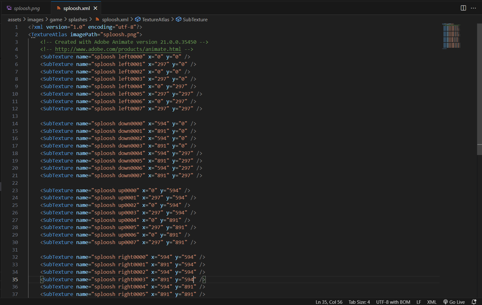 Image showing the xml of the spritesheet of the image above