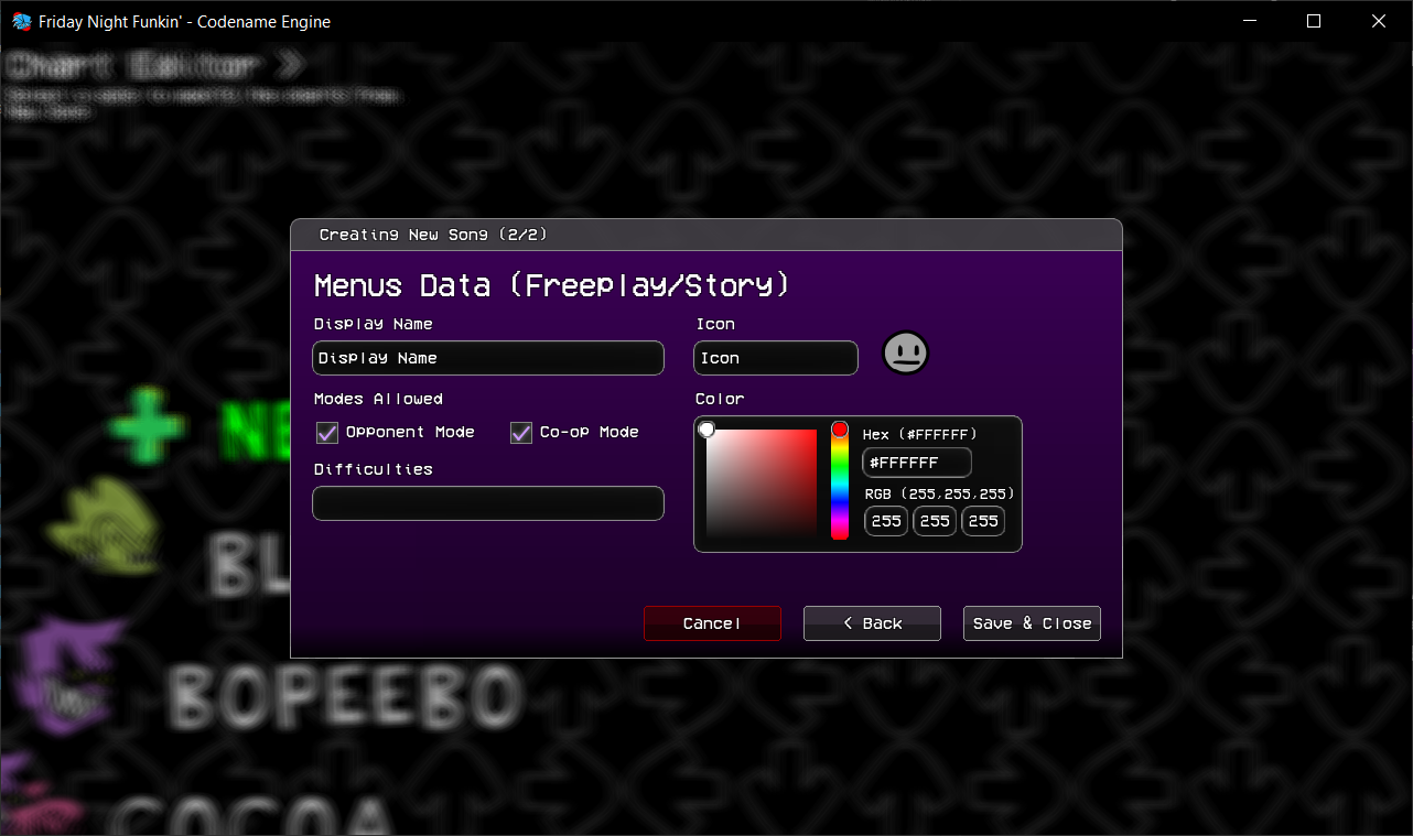 Image showing the menu data section of the New Song option